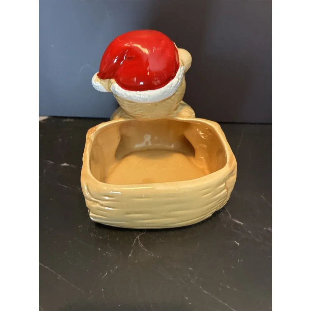 Vintage Ceramic Teddy Bear Merry Christmas Planter Candy Dish Decor